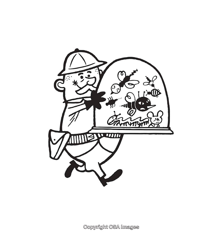 Cartoon Beekeeper Carrying Dome of Bees in Black and White Artwork