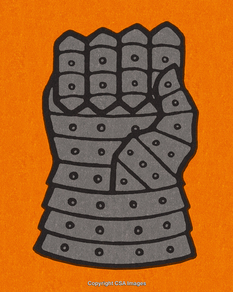 Illustration of a Medieval Gauntlet Against a Bright Orange Background