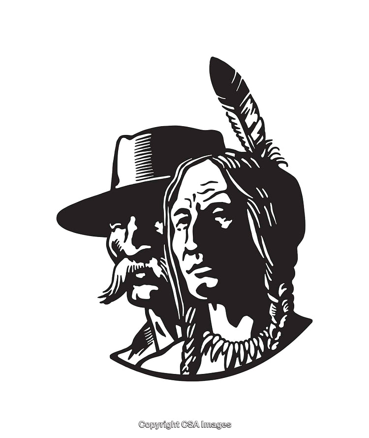 Black and White Line Art Illustrating Cowboy and Native American Portraits