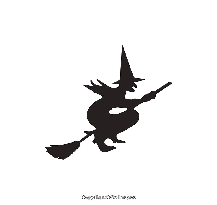 Silhouette of a Witch Flying on a Broomstick in Black and White