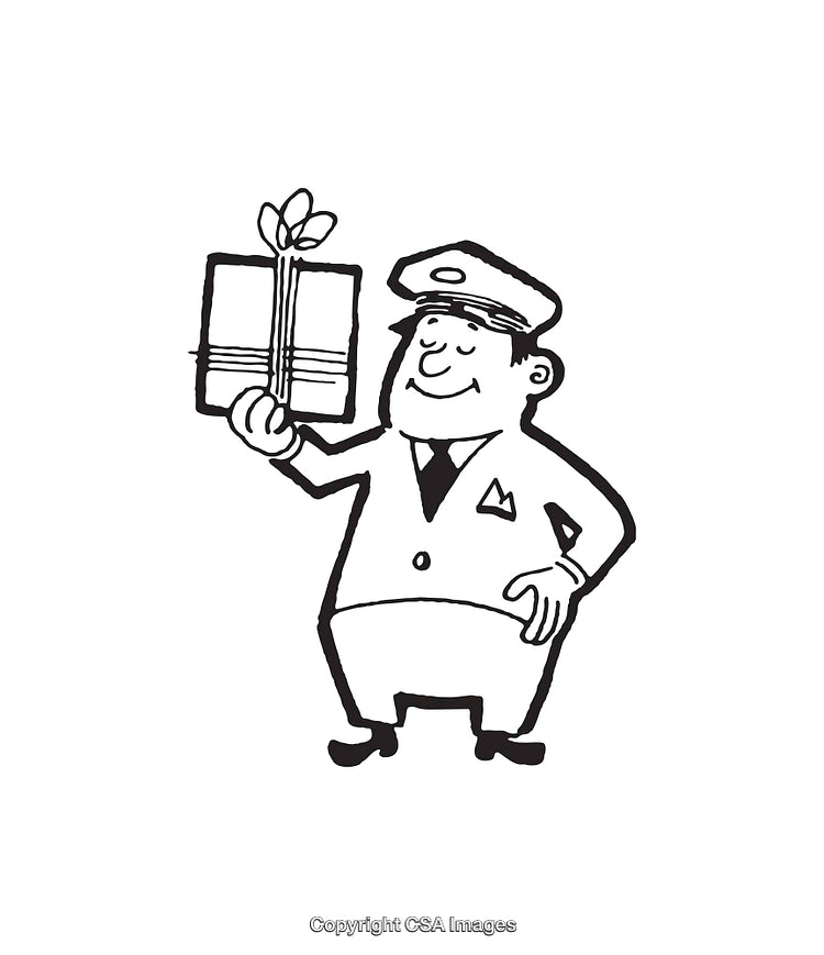 Black and White Cartoon Character Holding a Festively Wrapped Gift