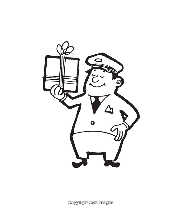 Black and White Cartoon Character Holding a Festively Wrapped Gift