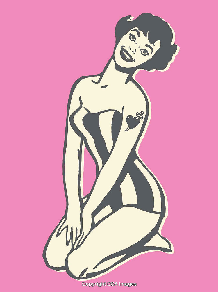 Vintage Line Art of a Stylish Woman in Retro Swimwear on Pink Background