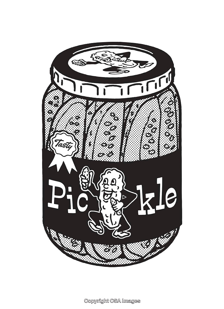 Retro Black and White Illustration of a Pickle Jar with Mascot