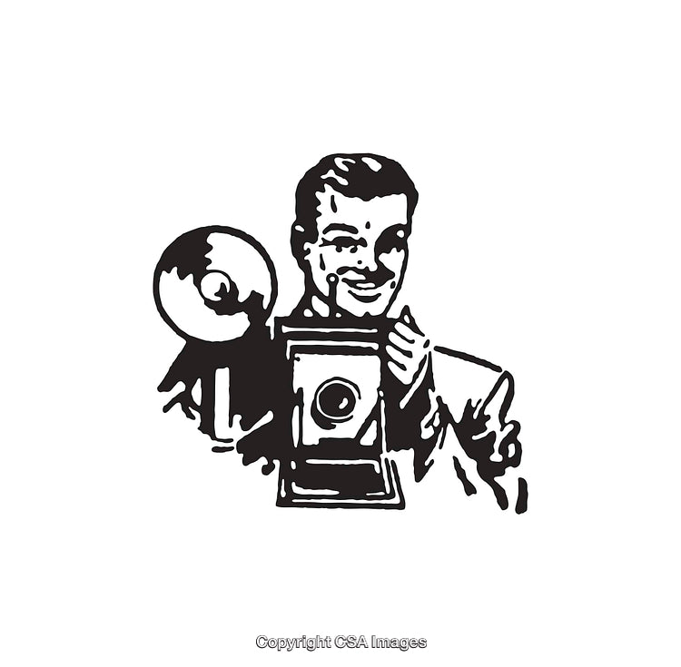 Retro Style Black and White Illustration of a Photographer with Camera