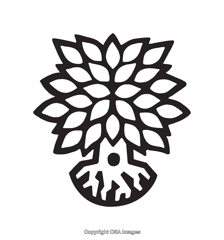 Stylized Black and White Tree Design with Root and Leaf Elements