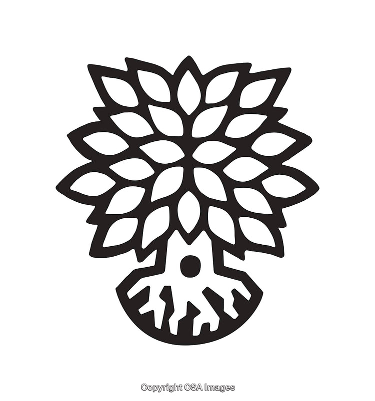 Stylized Black and White Tree Design with Root and Leaf Elements