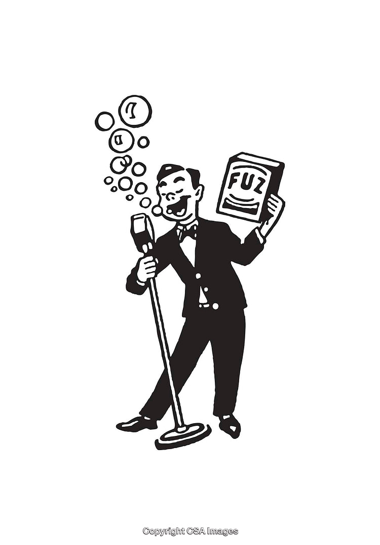 Retro Line Art of Man Singing into Microphone While Holding Box