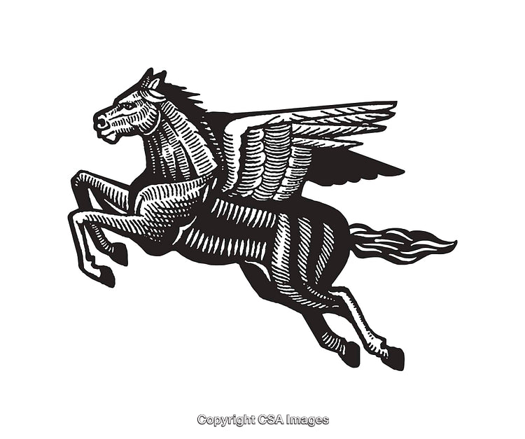 Black and White Line Art of a Winged Pegasus in Motion
