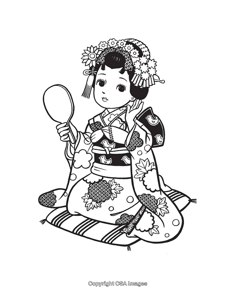 Traditional Japanese Girl in Floral Kimono Line Art Illustration