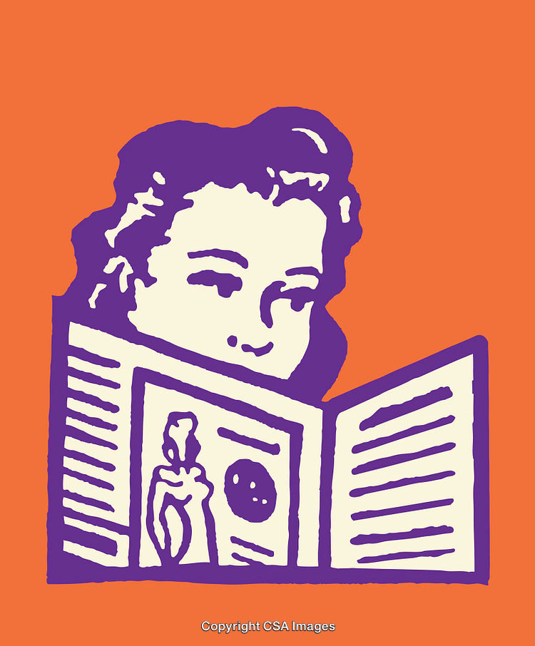 Vibrant Illustration of Woman Reading a Book on an Orange Background
