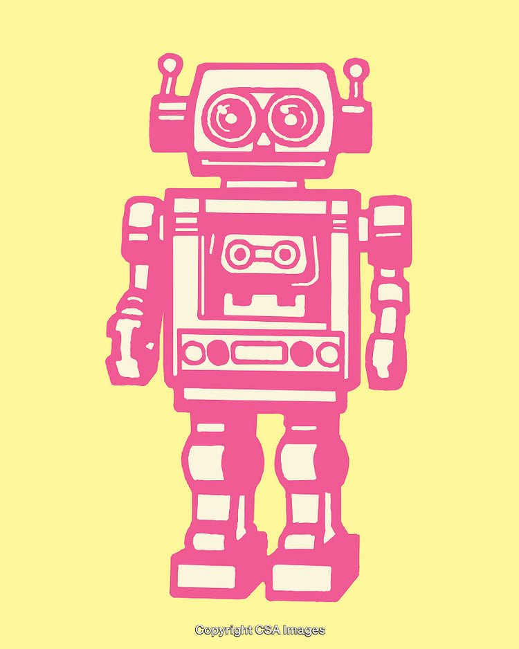 Retro Pink Robot Illustration on Yellow Background in Vibrant Style