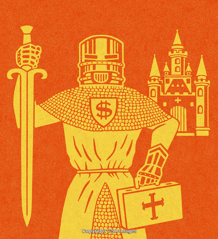Knight Depicting Financial Themes With Sword, Briefcase, And Castle Illustration