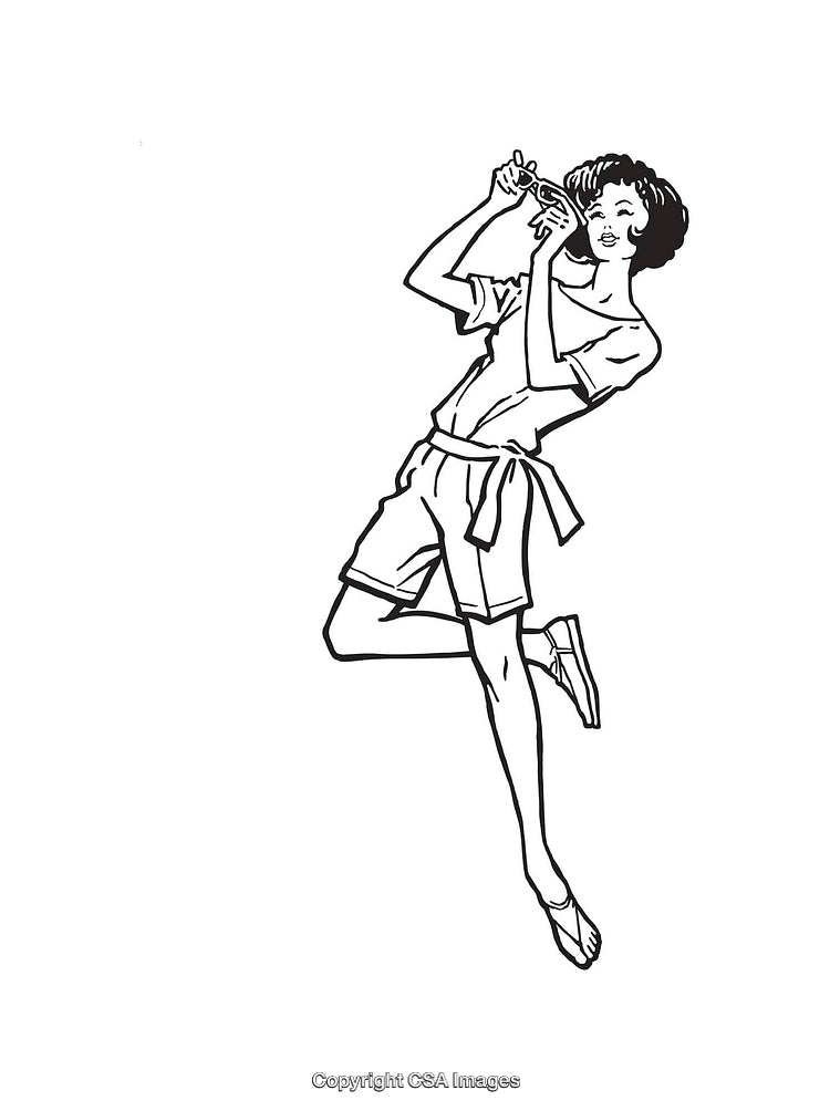 Black and White Line Art Illustration of a Woman Blowing a Bubble