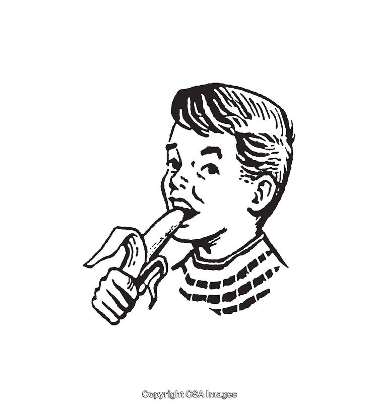 Black and White Illustration of a Boy Eating a Banana