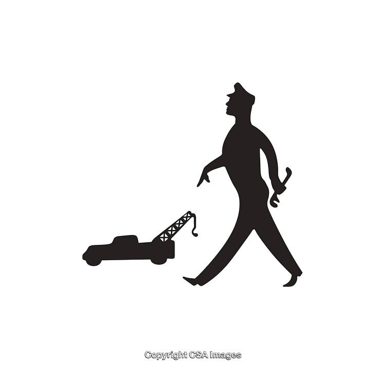 Black and White Icon of Worker Pulling Tow Truck with Tools
