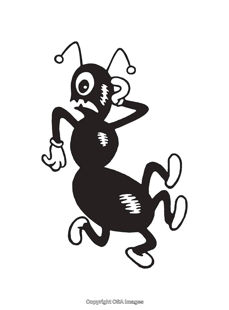 Playful Cartoon Ant Character Illustration in Black and White Line Art Style