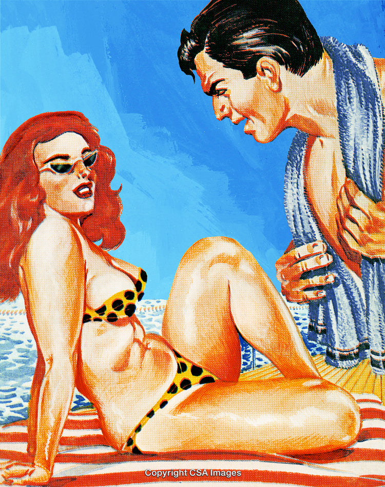 Vintage Illustration of a Couple Relaxing on a Beach Scene