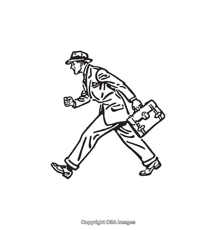 Vintage Line Art of a Businessman Hurrying with a Briefcase