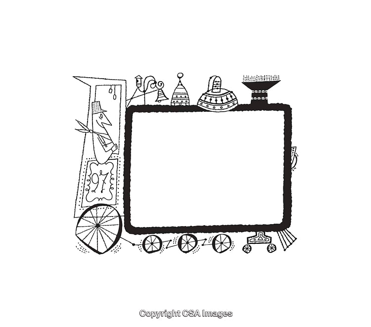 Whimsical Black And White Line Art Train Illustration With Decorative Details