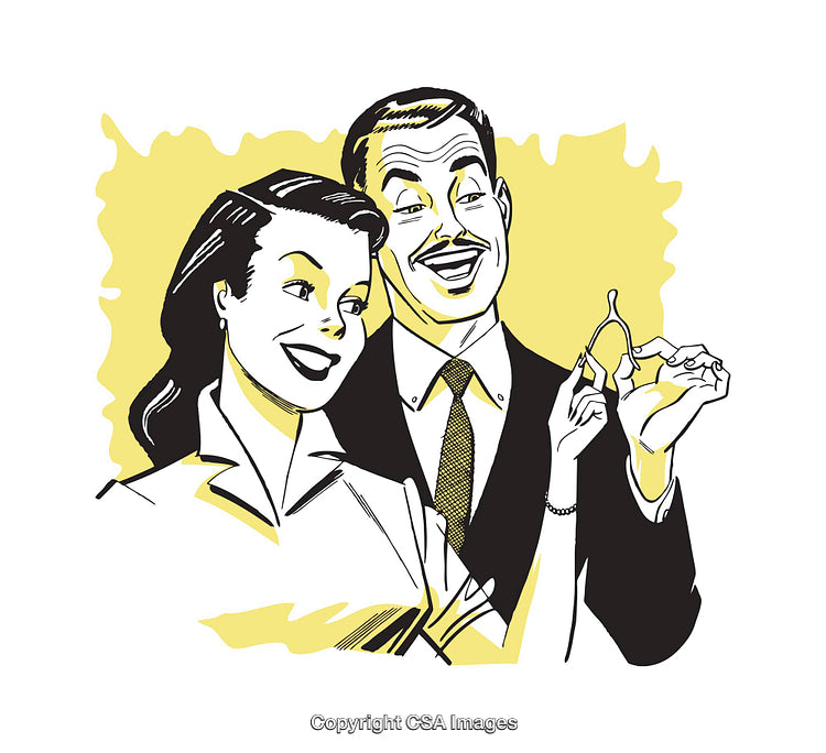 Vintage Illustration of a Smiling Couple Holding a Wishbone Together