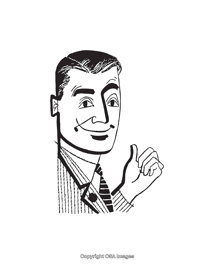 Vintage Black and White Illustration of Smiling Man Giving a Thumb Gesture