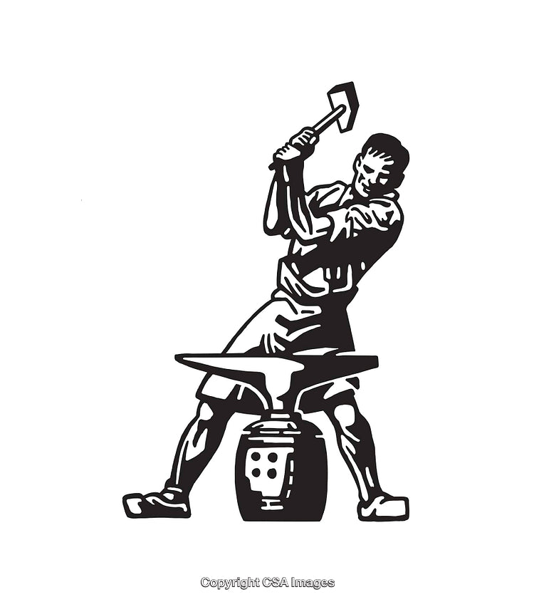 Blacksmith Forging Metal in Retro Line Art Illustration