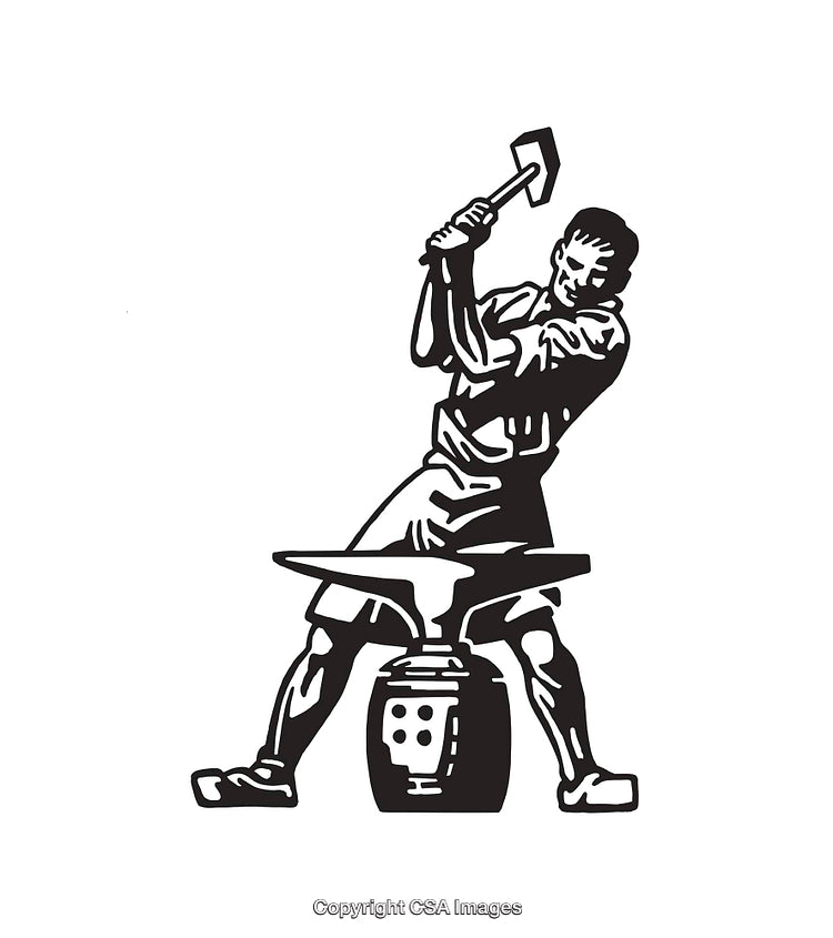 Blacksmith Forging Metal in Retro Line Art Illustration