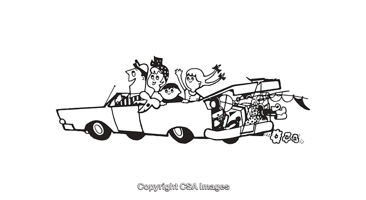 Cartoon Family Road Trip in Decorated Car Line Art Illustration