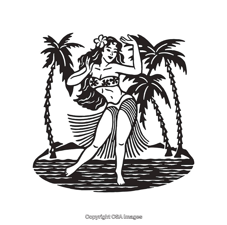 Hula Dancer Performing in Tropical Paradise with Palm Trees