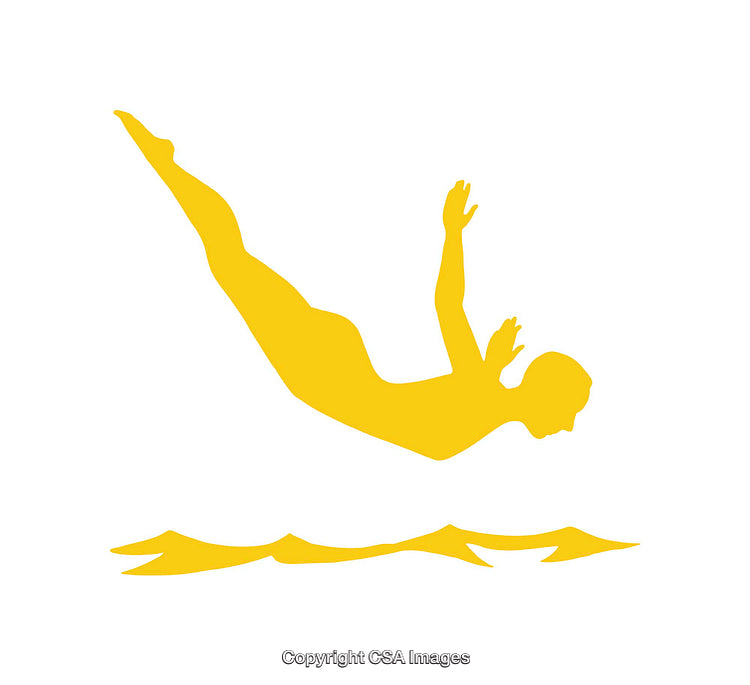 Yellow Silhouette of a Diving Person Over Stylized Water Waves