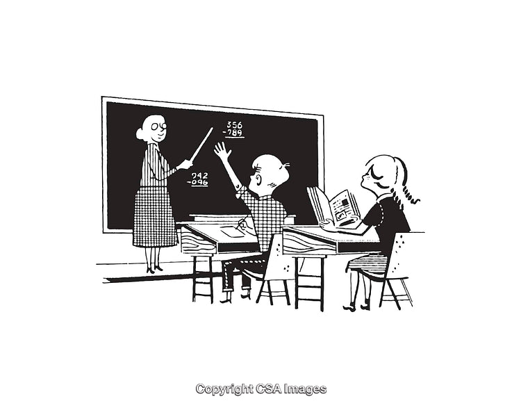 Retro Classroom Scene with Students Answering Teacher on Blackboard