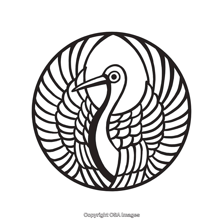 Elegant Black and White Heron Line Art Illustration in Circular Design