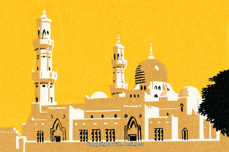 Illustration of a Mosque with Minarets Against a Vibrant Yellow Background