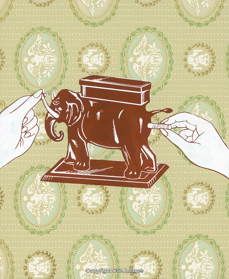 Vintage Elephant Piggy Bank with Antique-Inspired Background and Hands