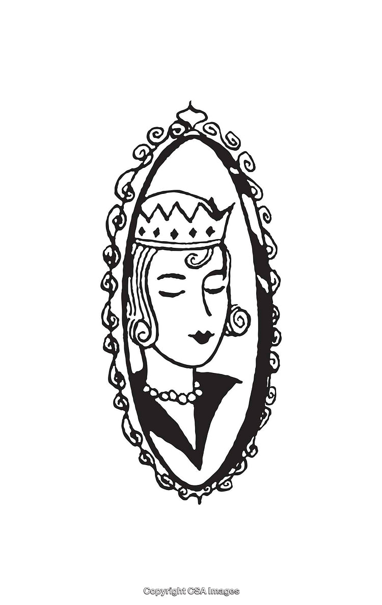 Black and White Line Art Portrait of a Crowned Woman in an Ornate Frame