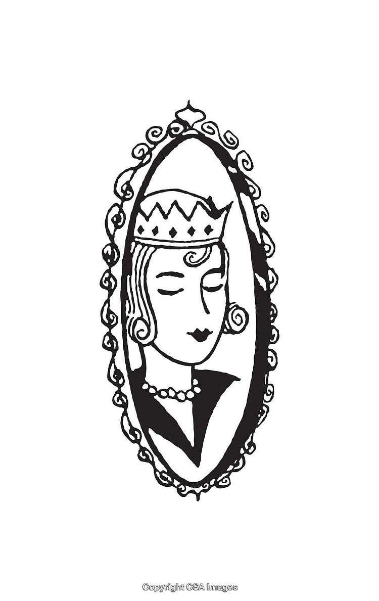 Black and White Line Art Portrait of a Crowned Woman in an Ornate Frame
