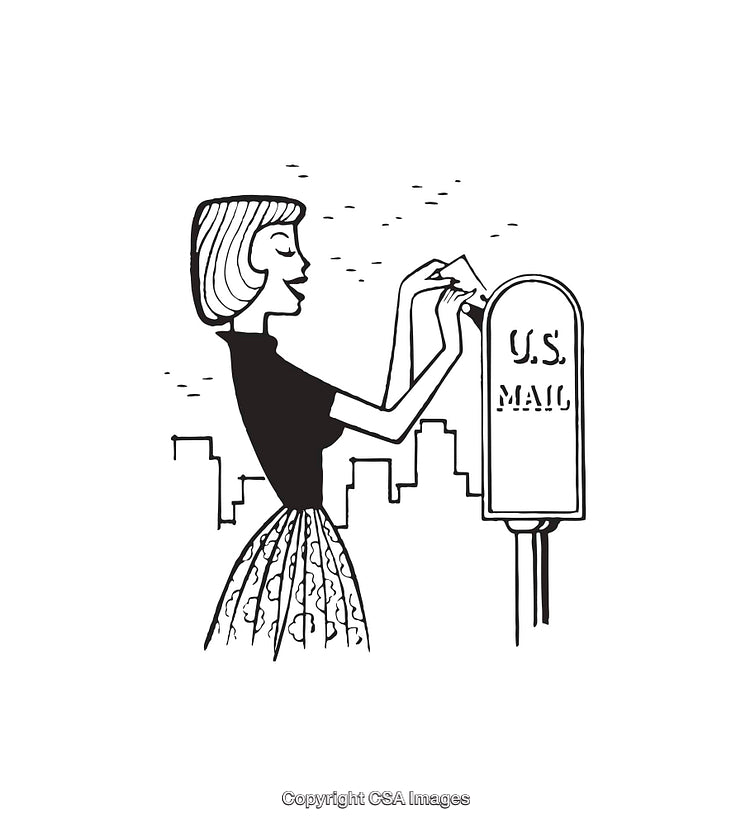 Vintage Line Art of Woman Mailing a Letter in Cityscape