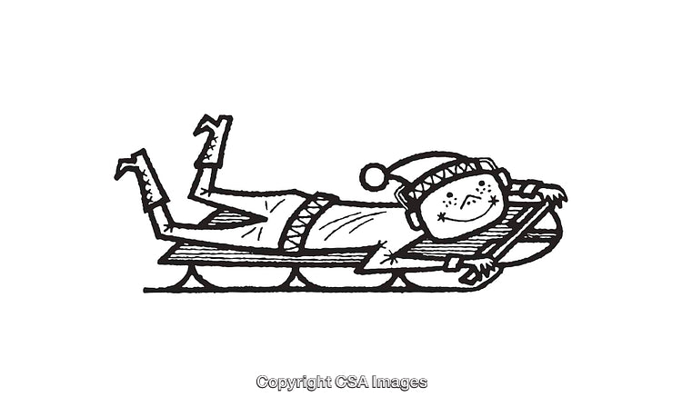 Black And White Illustration of a Child Sledding With a Festive Hat