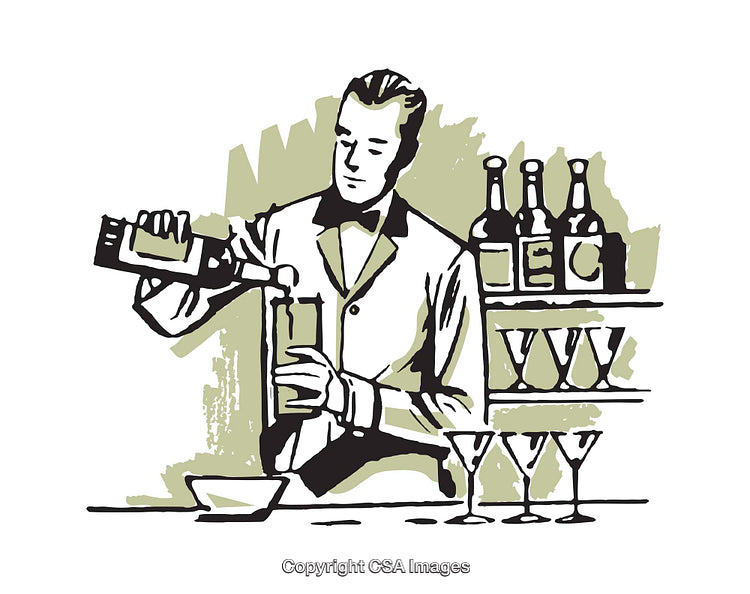 Vintage Illustration of Bartender Preparing Cocktails in Classic Style Bar