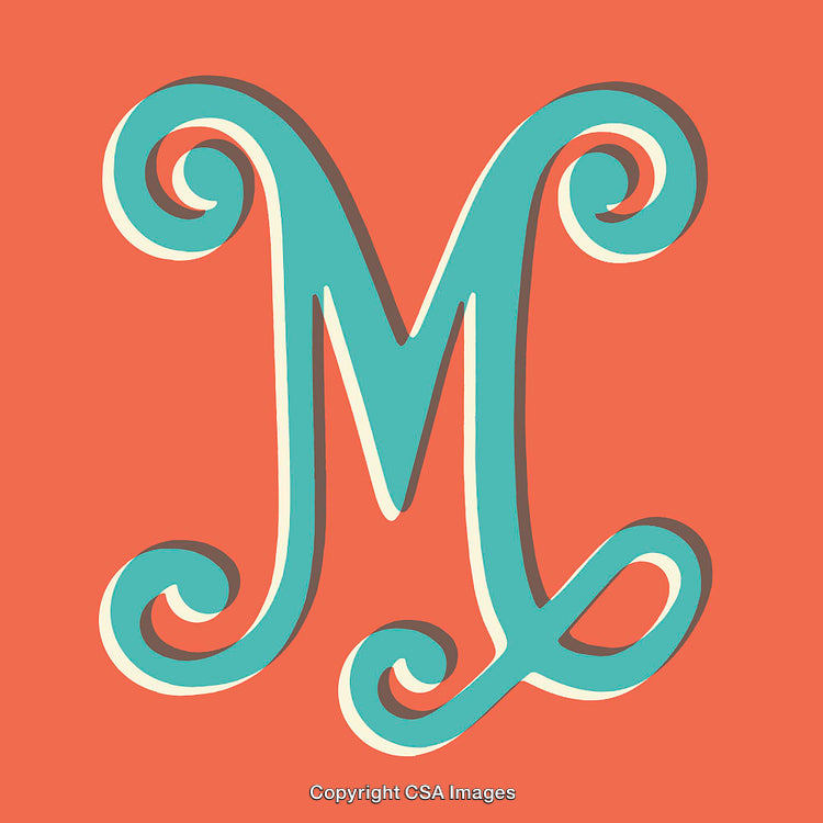 Ornate Letter M on Vibrant Background with Elegant Swirl Design