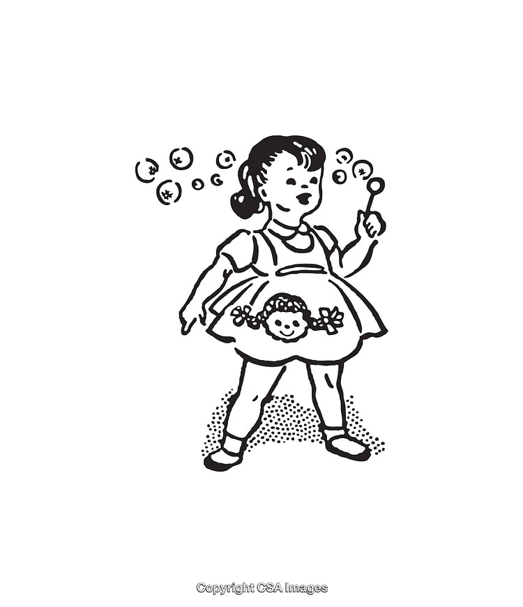 Vintage Illustration of a Girl Blowing Bubbles in Line Art Style