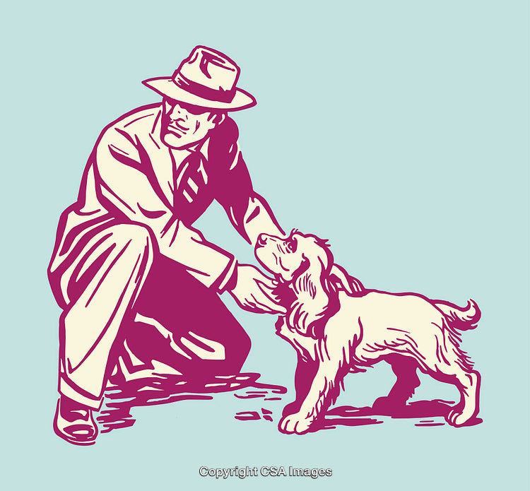 Man Crouching to Greet a Dog in Vintage Style Illustration