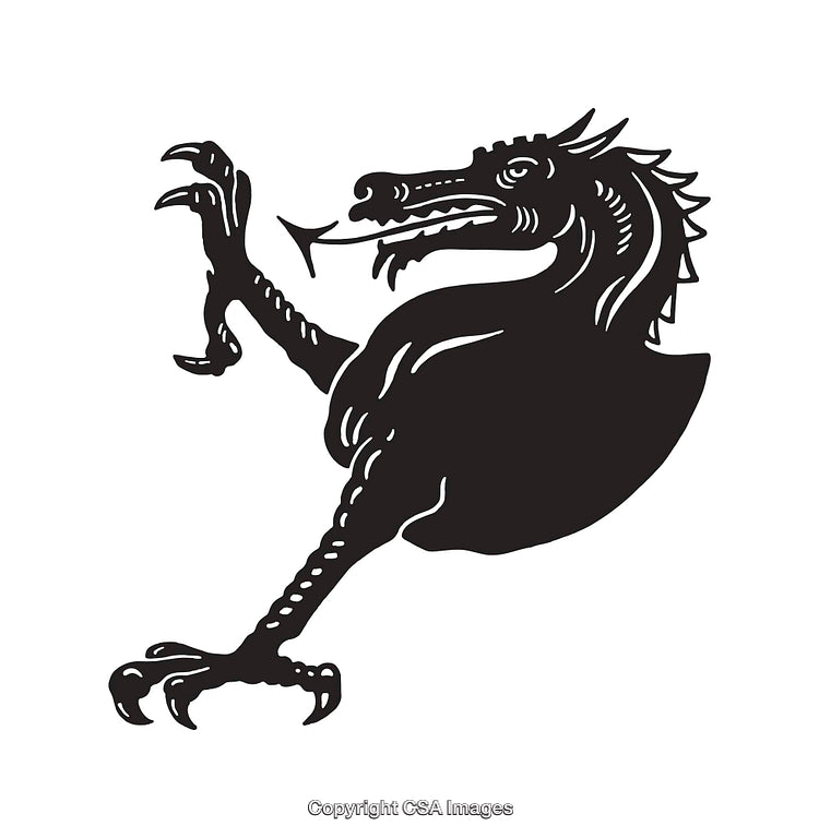 Black and White Line Art of a Heraldic Dragon Design