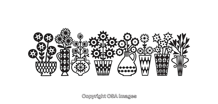 Black and White Line Art of Floral Vases With Decorative Designs