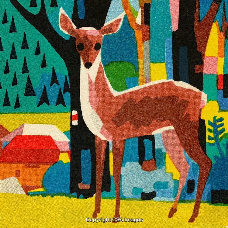 Colorful Artistic Deer Illustration in a Vibrant Forest Scene