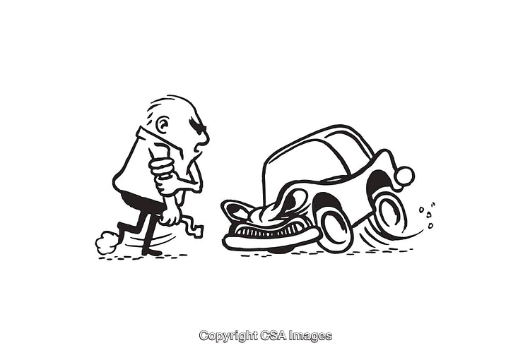 Cartoon Illustration of Frustrated Man and Crashed Car in Black and White