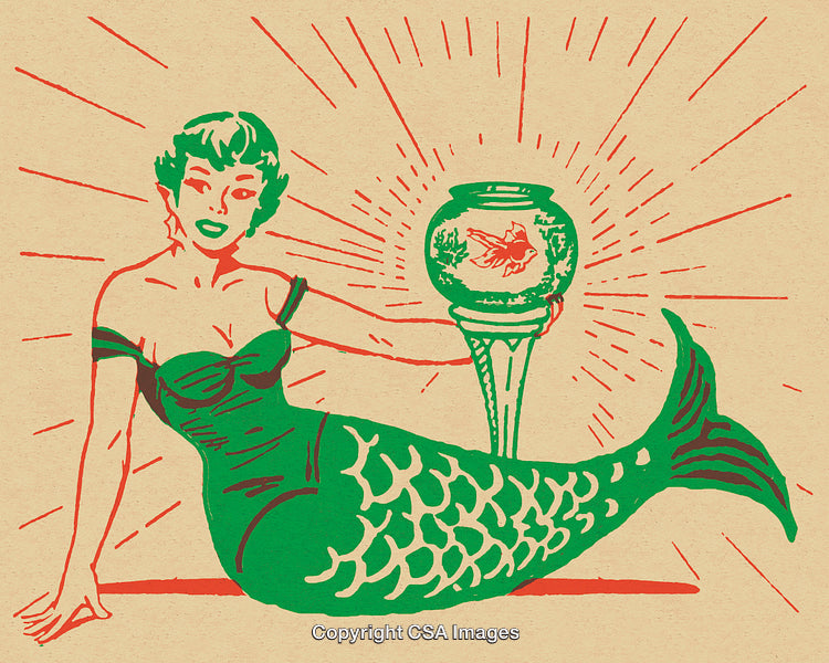 Vintage Stylized Mermaid Illustration With Bowl and Decorative Design Accents
