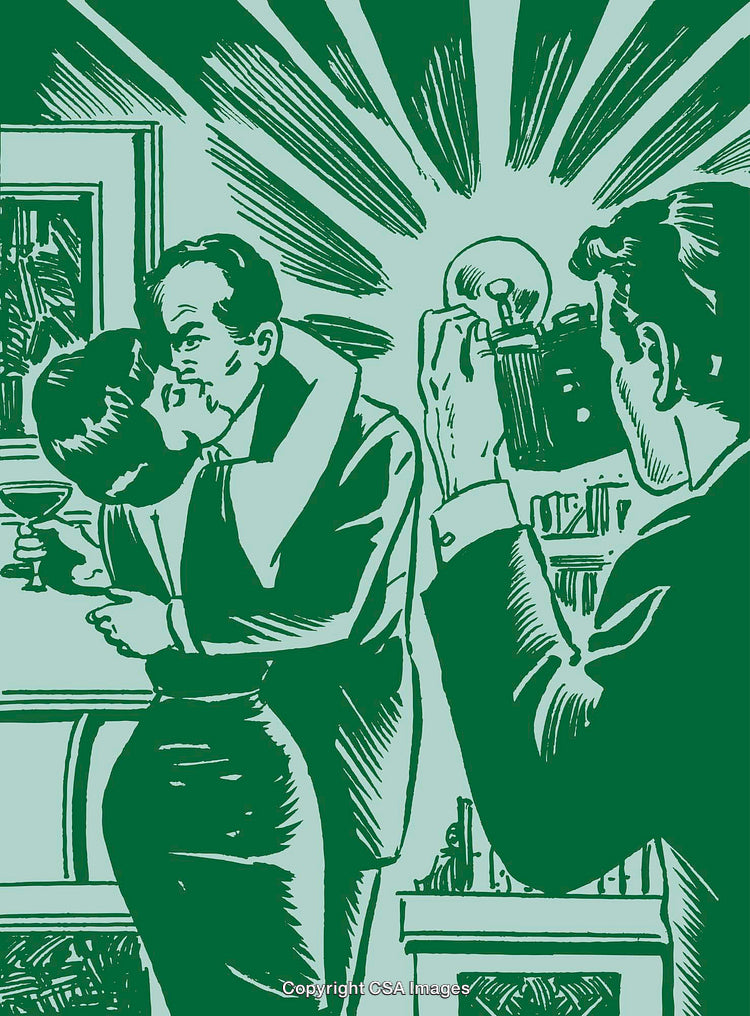 Retro Illustration Depicting a Photographer Capturing a Dramatic Scene