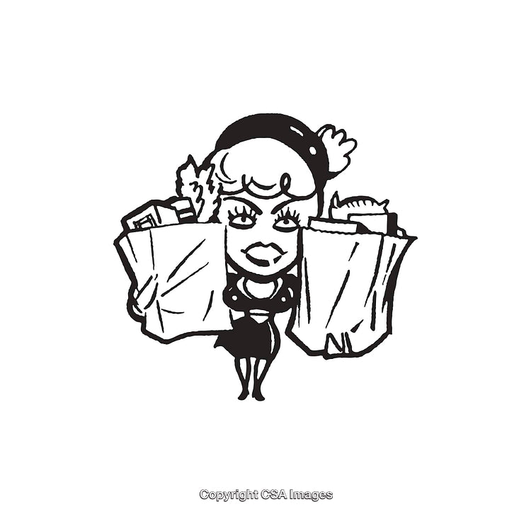 Female Character Shopping With Bags in Retro Style Line Art Illustration